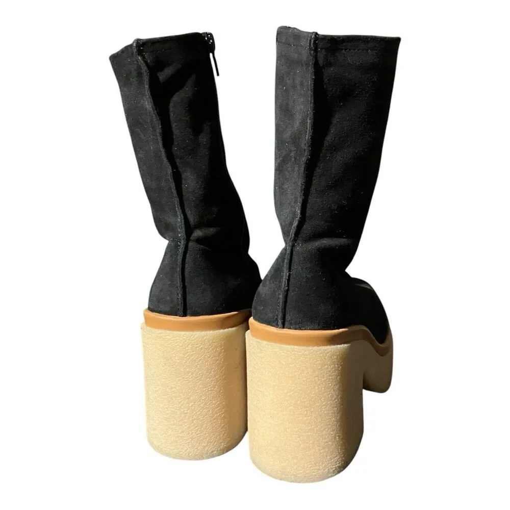 Free People Gigi Ankle Bootie 7 / 37.5 Black Suede Leather Square Toe‎ Platform